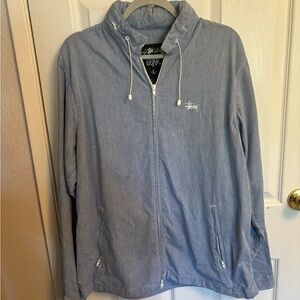 Stussy Light Blue Chambray Zip Up Cotton Hoodie Jacket, L